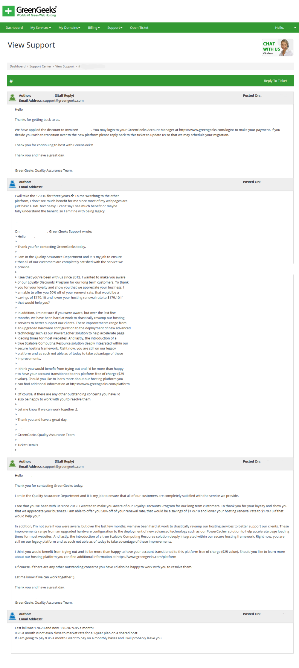 greengeeks trys to charge me month to month price for 3 years support tickets